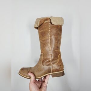 Timberland Brown Leather Mid-Calf Boots with Fur Trim, Size 8